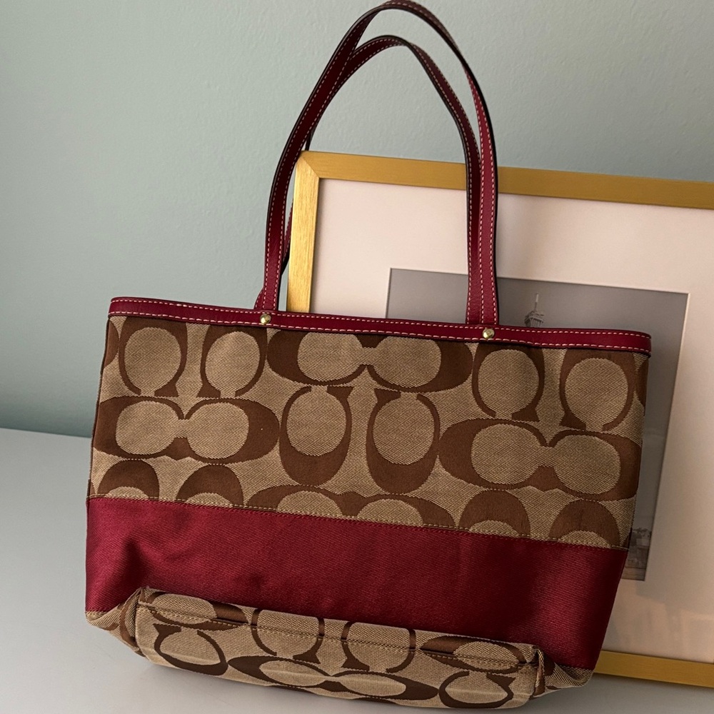Coach Brown Signature Canvas Tote with Red Accents